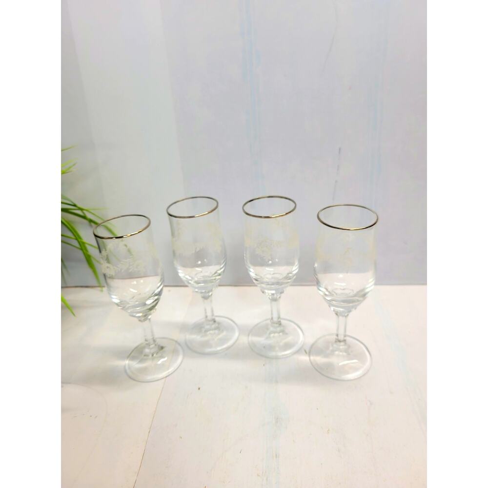 4 Johann Haviland Sweetheart Rose Cordial Glasses 4.75" Vintage Platinum Rimmed